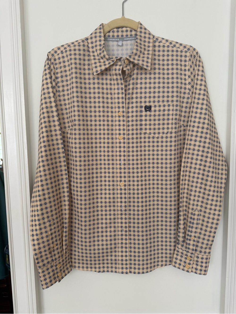 Cinch lightweight yellow and Navy Micro-Grid Long Sleeve Shirt